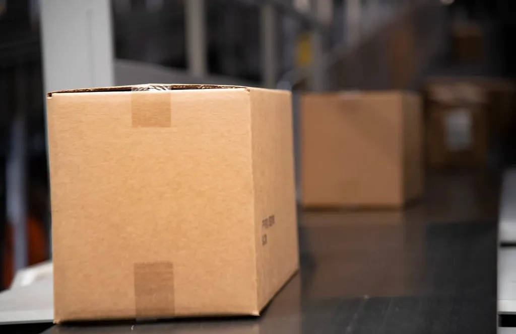 A taped cardboard box on a conveyor belt with more boxes blurred behind it
