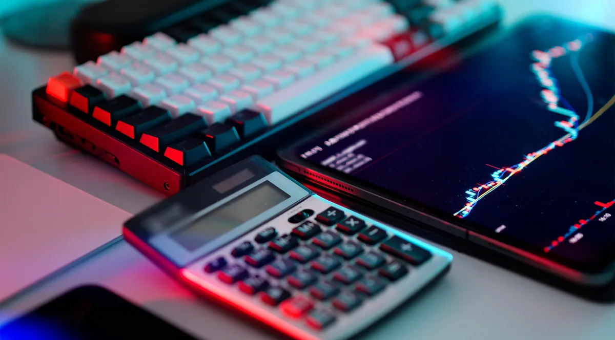 A calculator between a keyboard and a tablet showing a chart