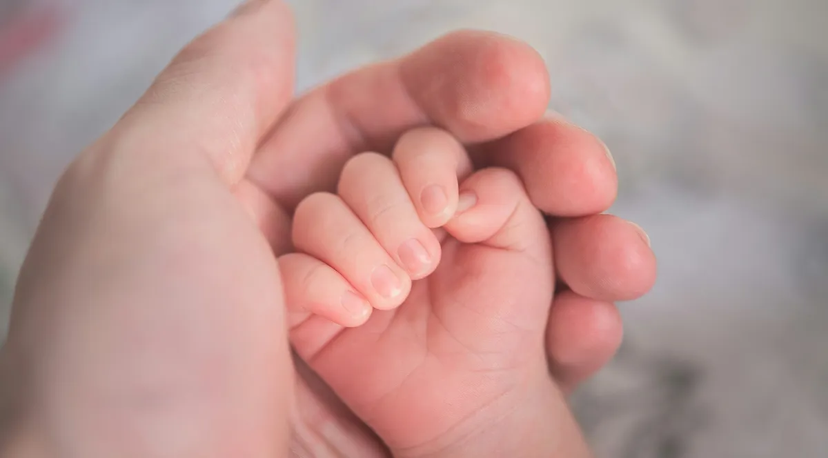 An adult holding a baby's hand