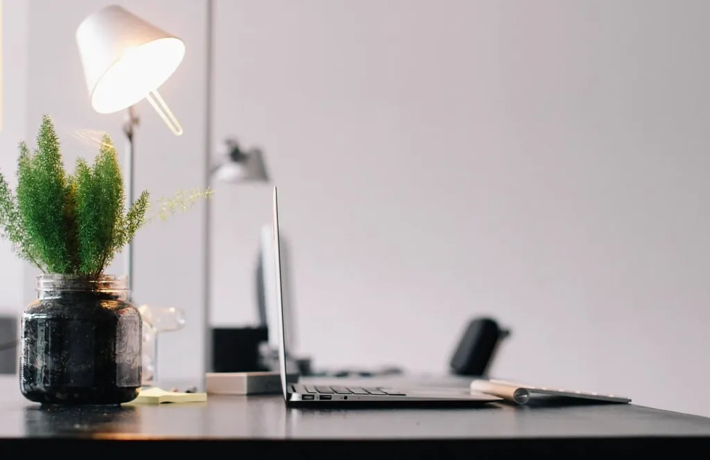 A thin laptop open on a dark desk beside a potted plant in a glass jar and a lit desk lamp