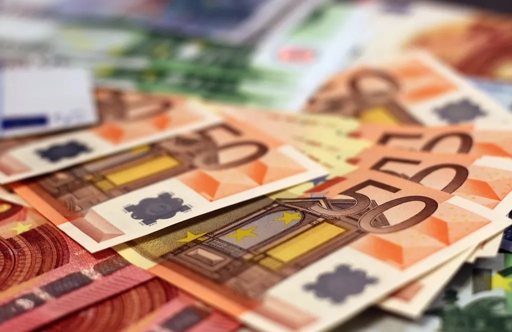 A spread of 50 euro banknotes, with 20 and 100 euro notes blurred behind them