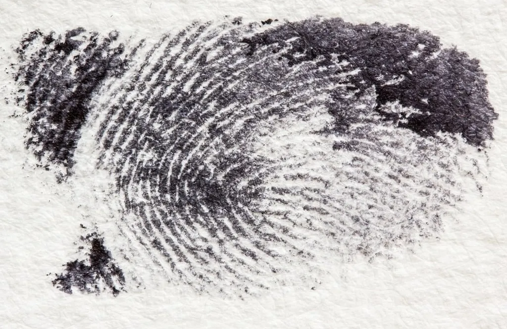 A black ink fingerprint pressed on textured white paper